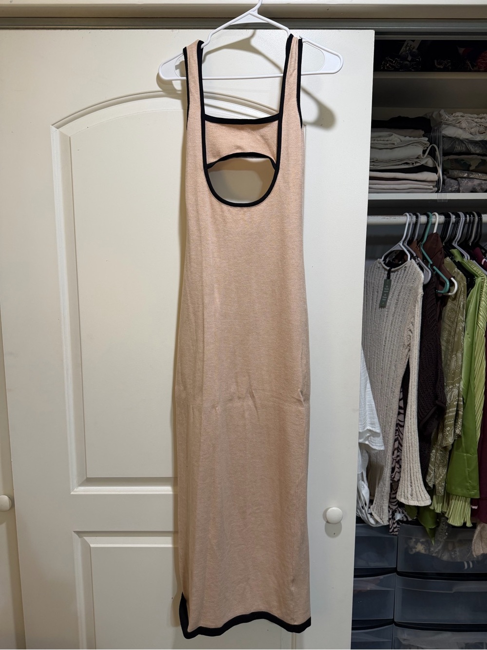 Pepper Mayo Beige Knit Maxi Dress with Contrast Trim